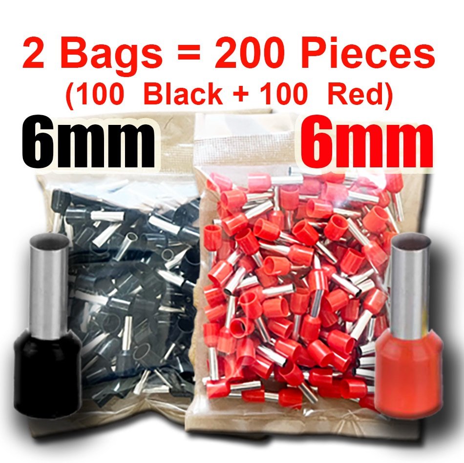 E6012 Cord End Terminal – 6mm², Pack of 200 (100 Black + 100 Red)