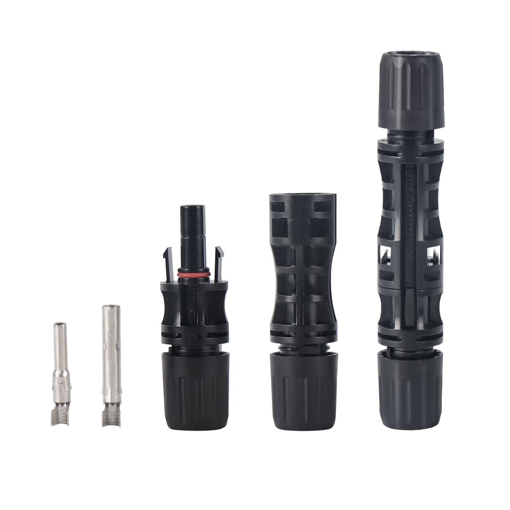 MC4-style solar connector set rated 1500V DC and 30A with male and female housings and crimp contacts