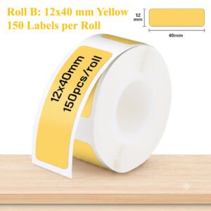 Yellow roll containing 150 rounded rectangular labels measuring 12 × 40 mm