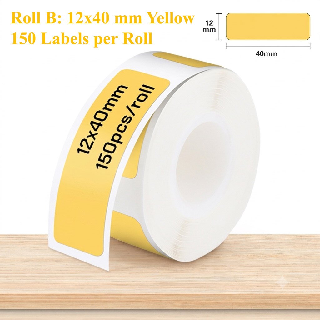 Yellow roll containing 150 rounded rectangular labels measuring 12 × 40 mm