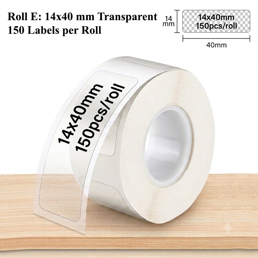 Roll of 150 transparent rounded rectangular labels measuring 14 × 40 mm