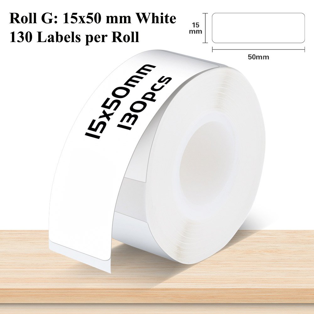 Roll of 130 white rounded rectangular labels measuring 15 × 50 mm
