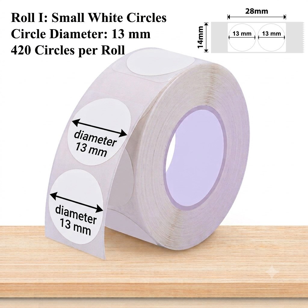 Roll of 420 small white circular labels with 13 mm diameter