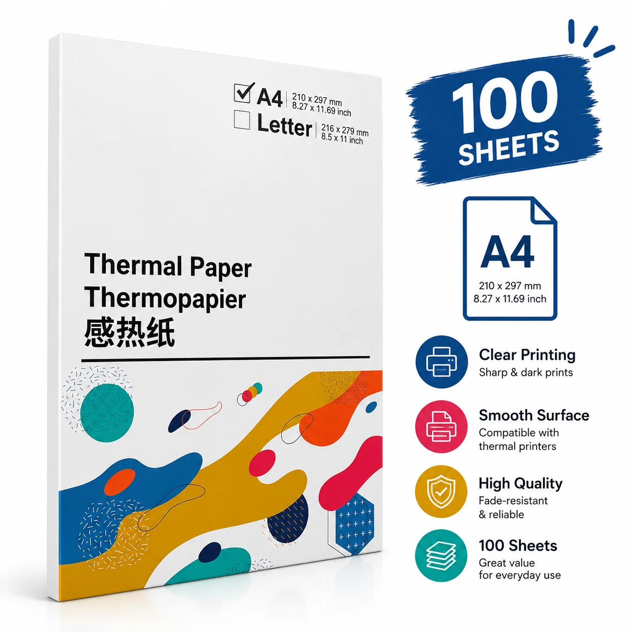 Pack of 100 A4 thermal paper sheets measuring 210 × 297 mm